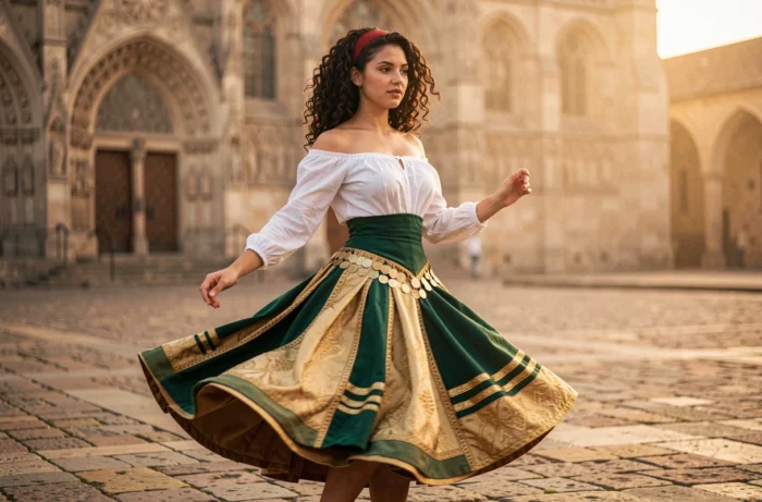 Jeune femme déguisée en Esmeralda du Bossu de Notre-Dame dansant sur des pavés devant une cathédrale gothique, costume coloré et ambiance médiévale réaliste
