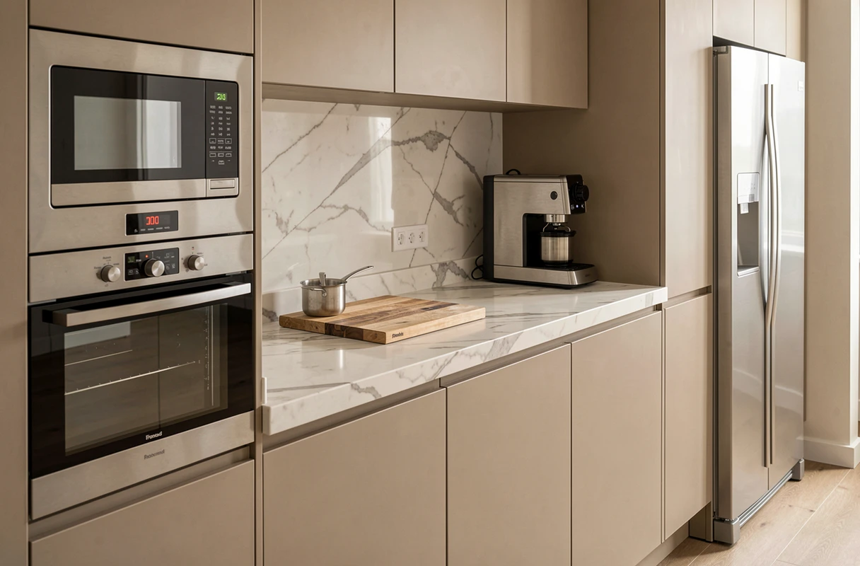 Plan de travail entièrement dégagé dans une cuisine où tous les électroménagers sont encastrés dans les meubles, créant une surface de travail épurée et visuellement spacieuse