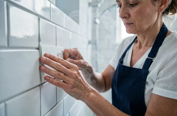 Femme fixant un carrelage sur un mur de salle de bain avec de la colle Pattex Montage Classic lors d'une rénovation