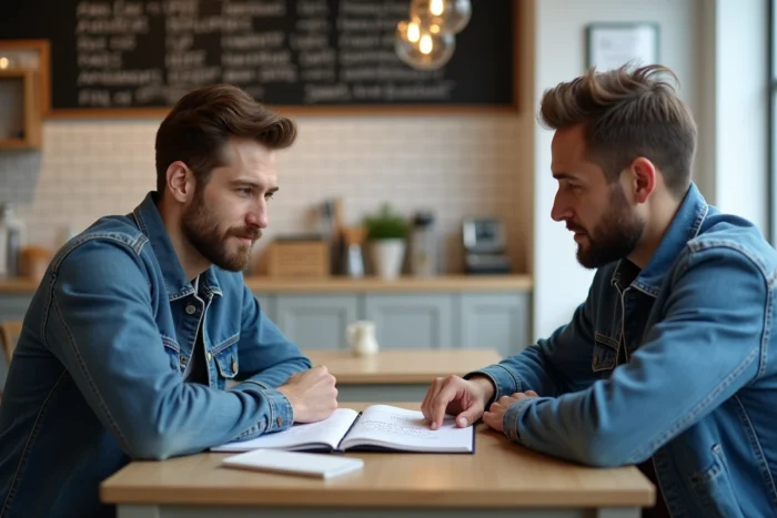 Un professeur et un étudiant adulte révisant des exercices de grammaire française dans un café moderne