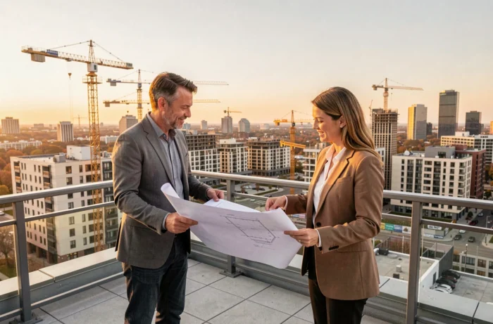 Deux professionnels de l'immobilier étudiant des plans architecturaux sur un toit terrasse face à un chantier de construction urbaine