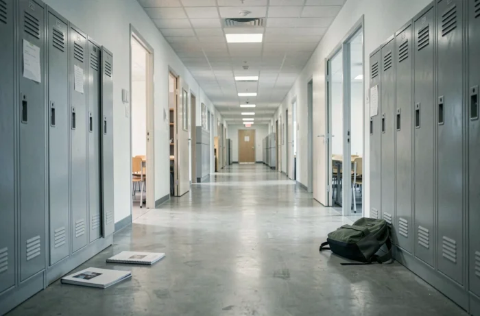 Couloir désert d'un lycée scandinave moderne avec des casiers gris, atmosphère froide et inquiétante rappelant l'univers de Quicksand sur Netflix
