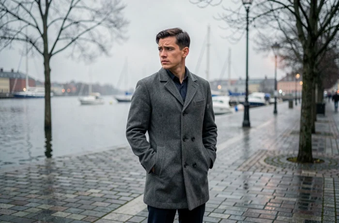 Jeune homme en manteau gris debout sur un quai pluvieux de Stockholm, atmosphère tendue et dramatique en lien avec la saison 2 de Quicksand sur Netflix