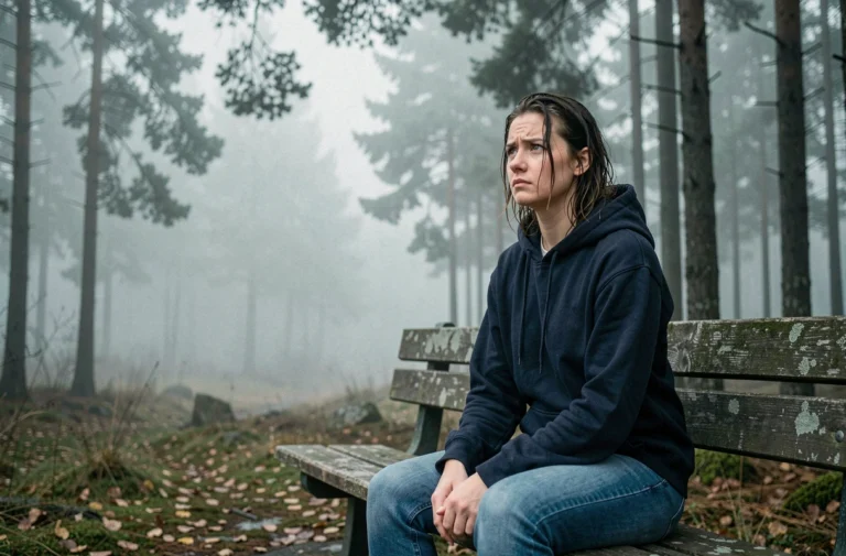 Jeune femme scandinave songeuse assise dans une forêt brumeuse évoquant l'atmosphère de la série Quicksand saison 2 sur Netflix