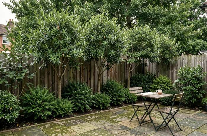 Rangée de neem et de laurier-tin bordant une terrasse de jardin, arbres naturels pour éloigner les moustiques en extérieur