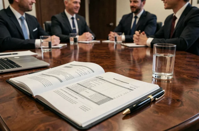 Rapport financier annuel et documents de rémunération sur une table de salle de conseil en entreprise, symbolisant la transparence salariale d'un grand groupe d'assurance