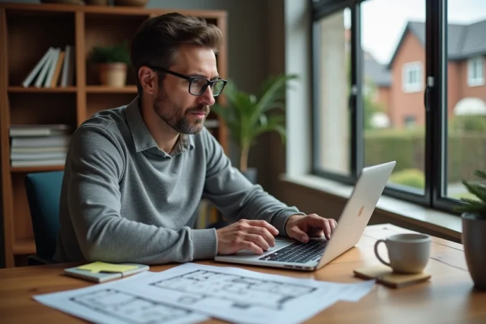 Homme effectuant des recherches immobilières en ligne depuis son bureau à domicile avec des plans et documents