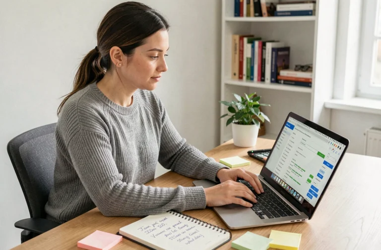 Femme qui recherche des mots clés SEO sur un ordinateur portable dans un bureau à domicile moderne