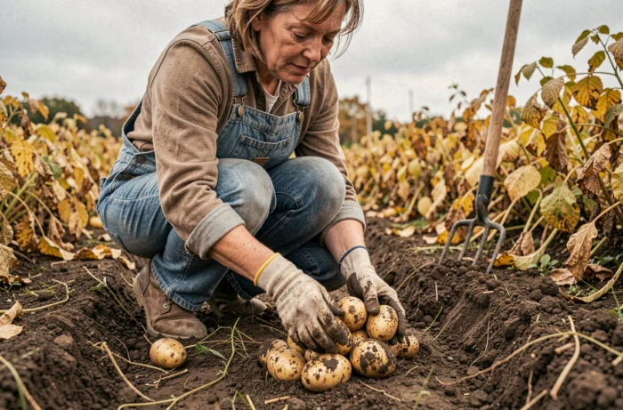 Femme récoltant des pommes de terre à la main dans son potager en automne, tubers encore couverts de terre sombre