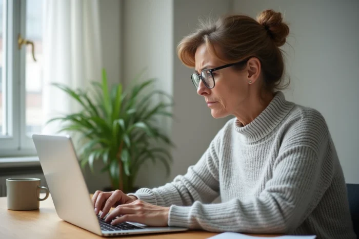 Femme utilisant son ordinateur portable pour récupérer son compte FranceConnect depuis son bureau à domicile