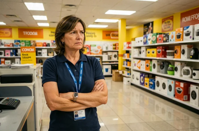 Responsable de magasin Gifi dans un commerce discount vide réfléchissant aux enjeux de la fermeture dominicale