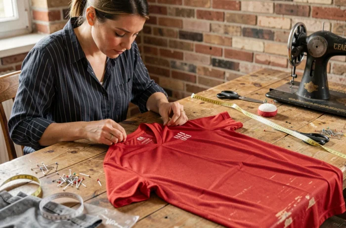 Femme épinglant un maillot de foot rouge sur une table de couture pour le rétrécir et l'ajuster