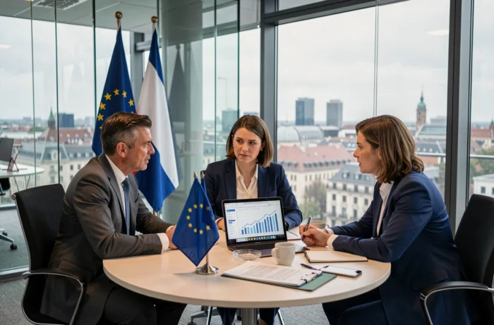 Groupe de professionnels européens en réunion avec des drapeaux de l'Union européenne, symbolisant la coopération et les décisions politiques en Europe