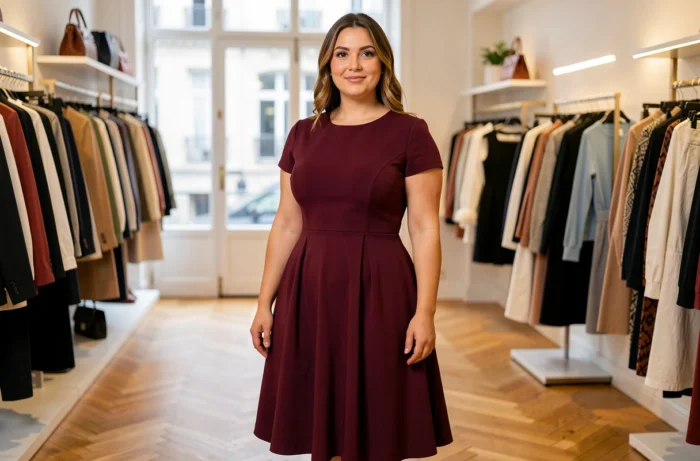 Femme à morphologie en poire portant une robe mi-longue évasée en bordeaux pour équilibrer la silhouette