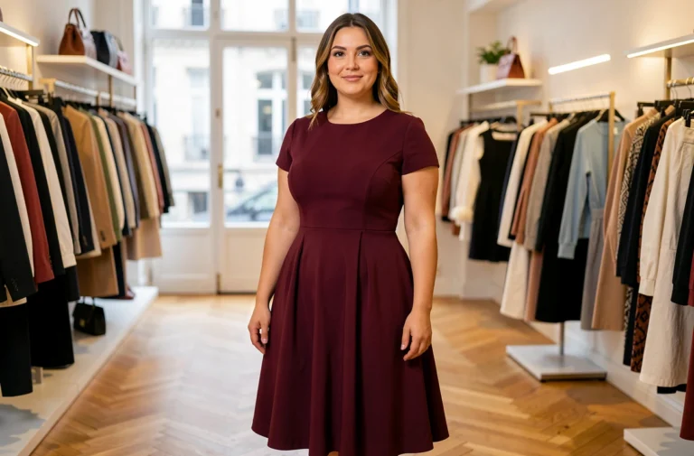 Femme à morphologie en poire portant une robe mi-longue évasée en bordeaux pour équilibrer la silhouette
