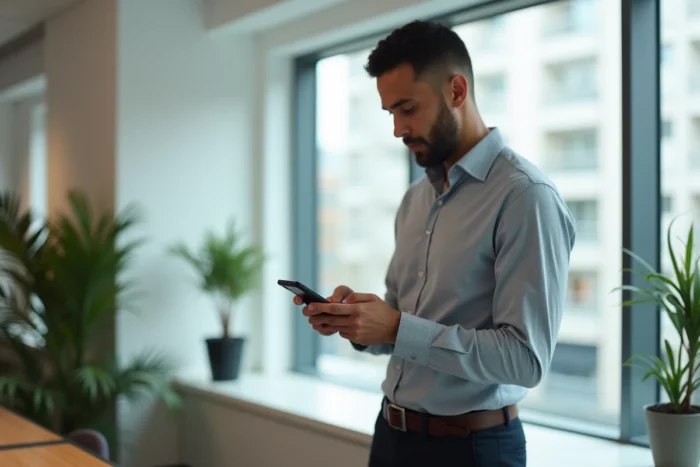 Salarié consultant le portail Alis BNP Paribas sur smartphone dans un espace de pause d'entreprise