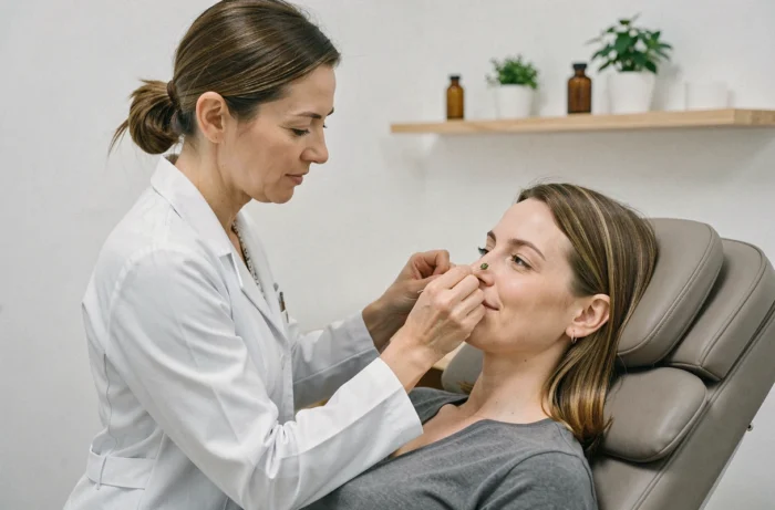 Praticienne en auriculothérapie posant des graines sur l'oreille d'une patiente dans un cabinet de naturopathie