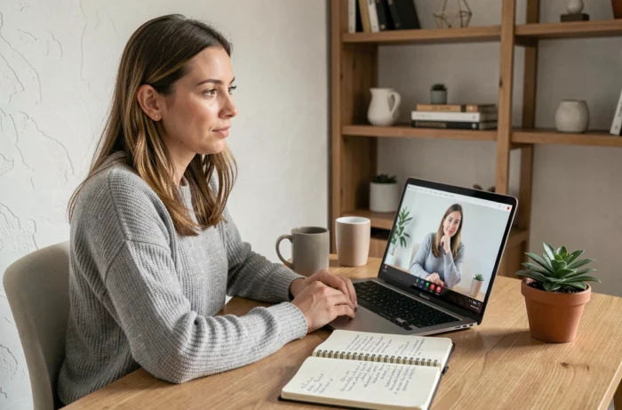 Femme en téléconsultation de coaching en ligne sur son ordinateur portable dans un bureau à domicile moderne