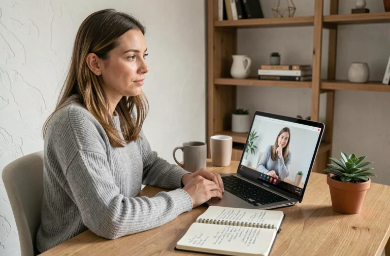 Femme en téléconsultation de coaching en ligne sur son ordinateur portable dans un bureau à domicile moderne