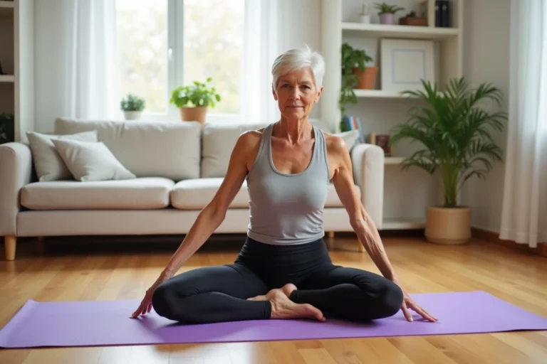 Femme senior faisant des étirements de yoga sur un tapis à domicile dans un salon lumineux