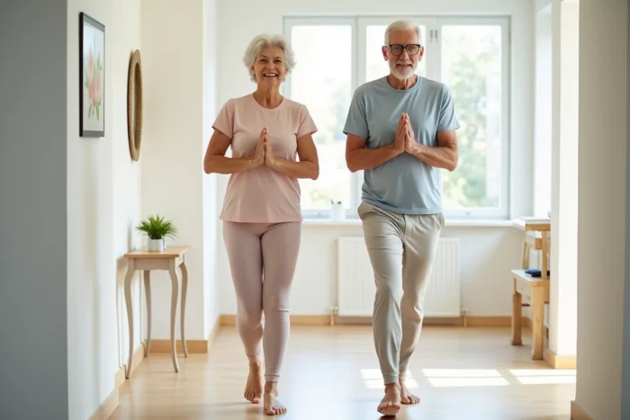 Couple de seniors pratiquant des exercices d'équilibre ensemble dans un couloir à domicile