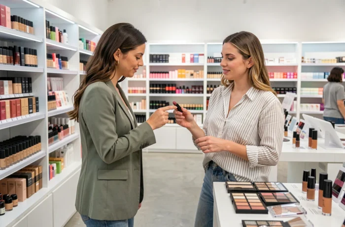Deux femmes comparant des produits de maquillage dans une boutique de cosmétiques moderne lors d'un shopping beauté tendance
