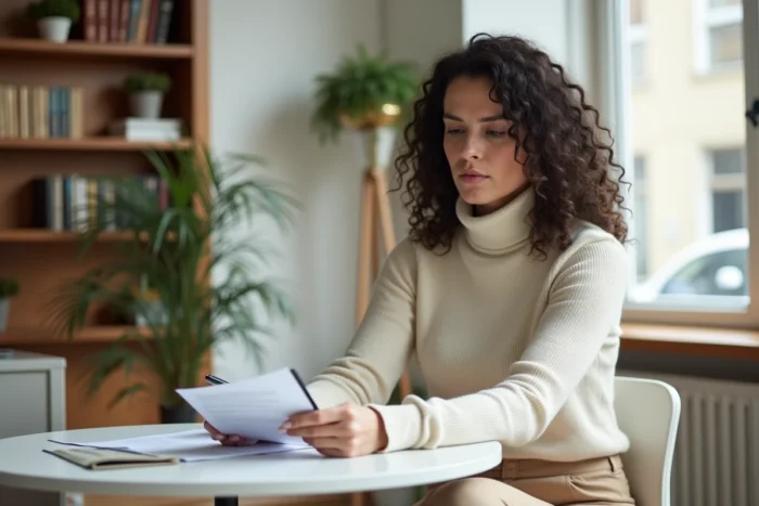 Femme lisant un contrat immobilier chez un notaire à Neuchâtel