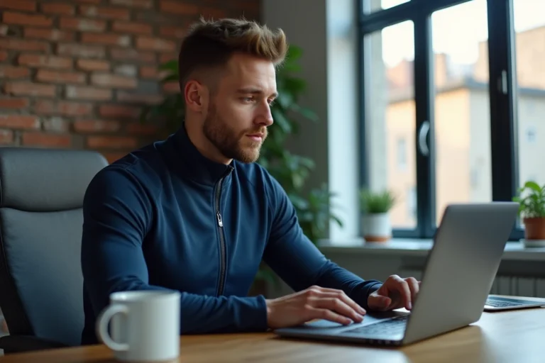 Sportif masculin consultant la liste des pages Sportivoz sur un ordinateur portable dans un bureau moderne