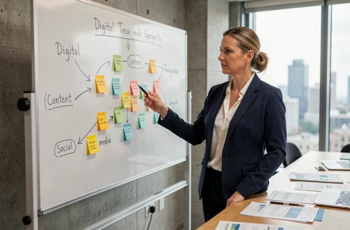 Professionnelle en blazer marine présentant une stratégie marketing sur un tableau blanc dans un bureau moderne