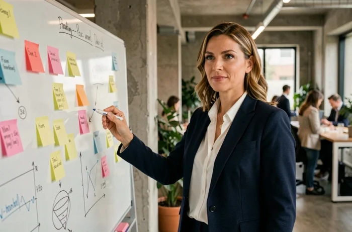 Responsable marketing devant un tableau blanc avec des stratégies de croissance d'entreprise