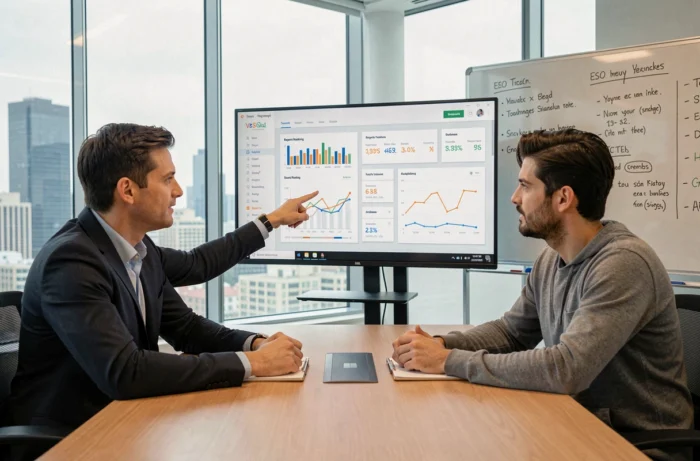 Deux collègues discutant d'une stratégie de mots clés SEO devant un tableau de bord analytique