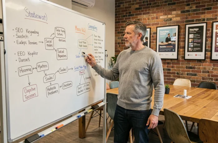 Responsable marketing présentant une stratégie de webmarketing sur un tableau blanc dans une salle de réunion créative