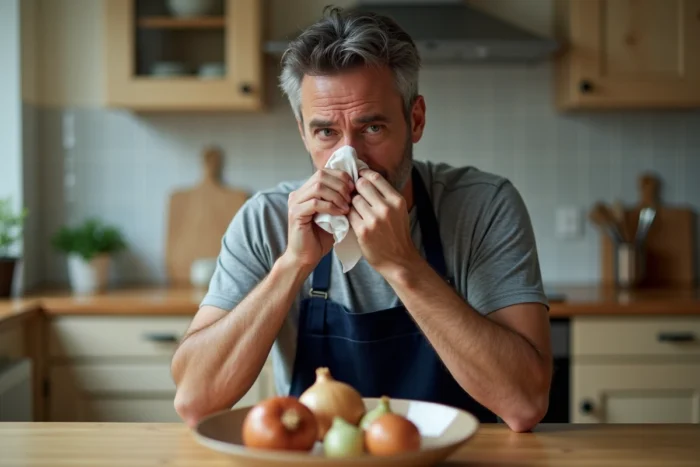 Homme présentant des symptômes d'allergie aux oignons en cuisine, yeux rouges et larmoyants après avoir coupé des oignons frais