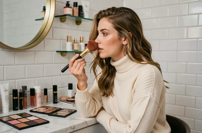 Femme appliquant un blush terracotta devant un miroir laiton dans une salle de bain parisienne moderne, entourée de produits de maquillage tendance