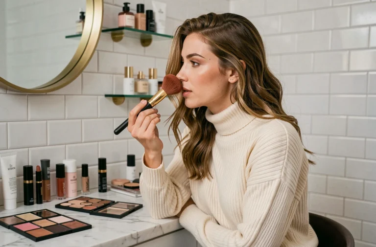 Femme appliquant un blush terracotta devant un miroir laiton dans une salle de bain parisienne moderne, entourée de produits de maquillage tendance