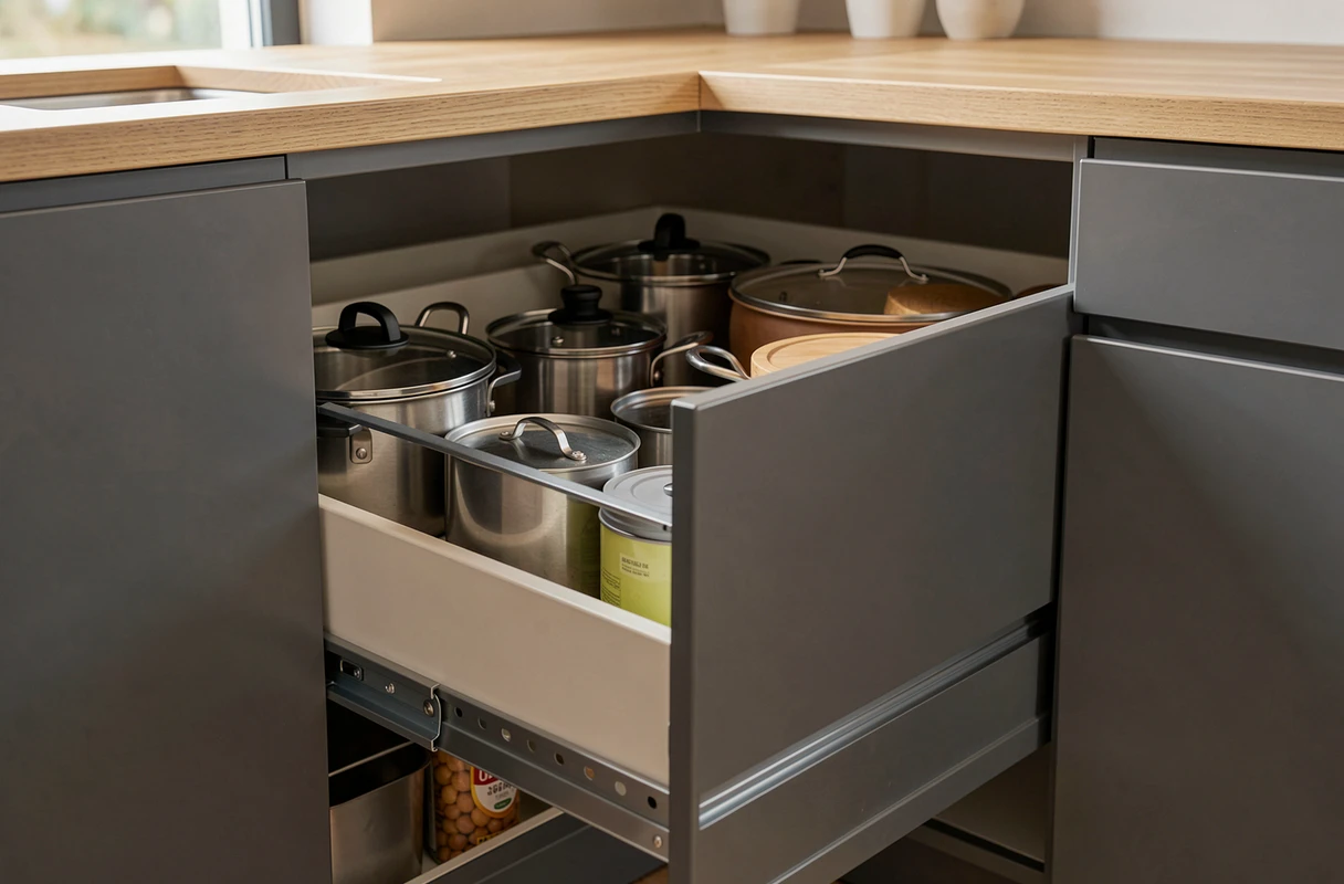 Tiroirs profonds ouverts sur un meuble bas de cuisine remplaçant les portes battantes, révélant un rangement organisé et accessible