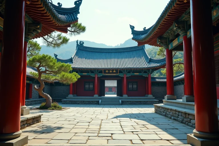 Temple chinois traditionnel avec toiture en tuiles bleues courbées et détails en bois sculpté rouge et or dans une cour ancienne