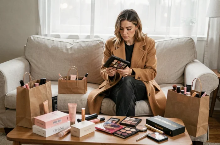 Femme assise sur un canapé lin examinant une palette de fards à paupières entourée de ses achats beauté et tendances maquillage