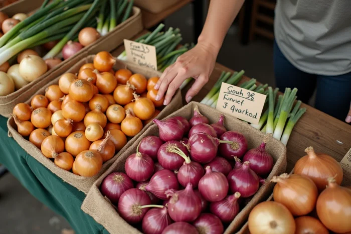 Étal de marché présentant différentes variétés d'oignons avec une main hésitante, illustrant les précautions d'achat en cas d'allergie aux oignons