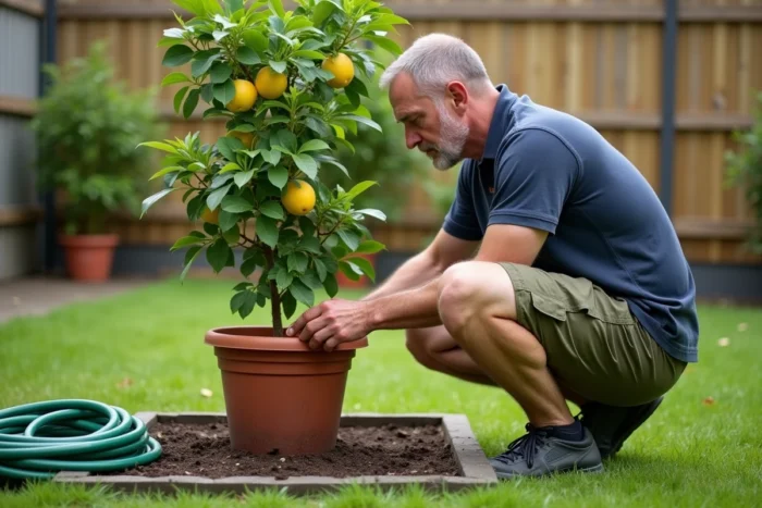 Homme vérifiant l'humidité du sol d'un citronnier en pot dans un jardin pour optimiser l'arrosage estival