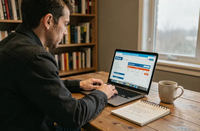 Homme vérifiant le statut d'une entreprise fermée sur un site de registre des sociétés depuis son bureau à domicile