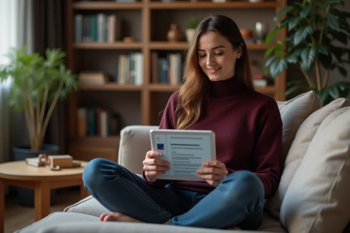 Femme consultant le webmail académique de Lyon sur une tablette depuis son domicile